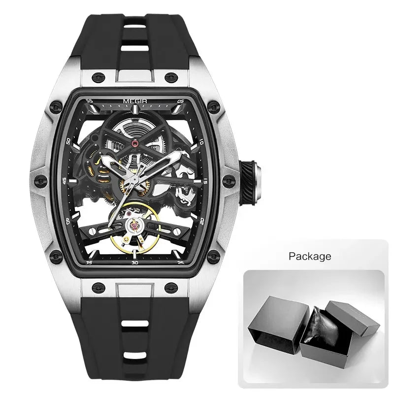 Excellence Automatic Wristwatch Men Fashion Black Silicone Strap Waterproof Luminous Sport Mechanical Watch with Tonneau Dial