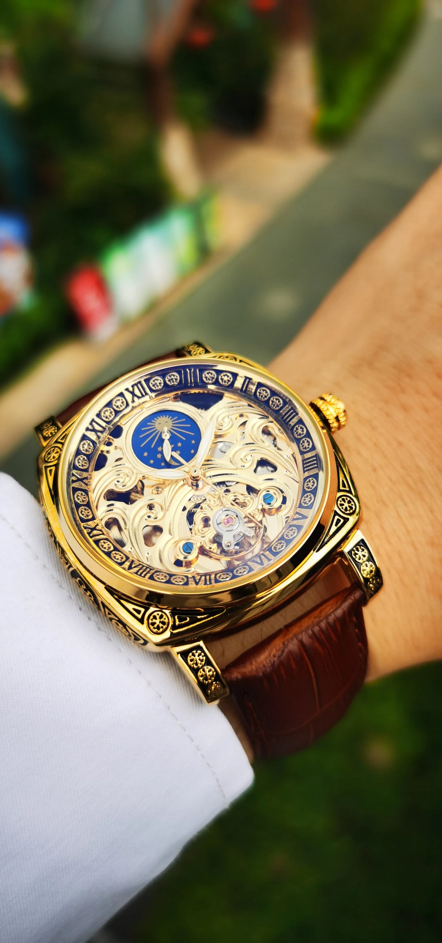 Excellence Mechanical Watches Moon Phase Tourbillon  Gold Automatic Watch for Men Casual Genuine Leather Belt.