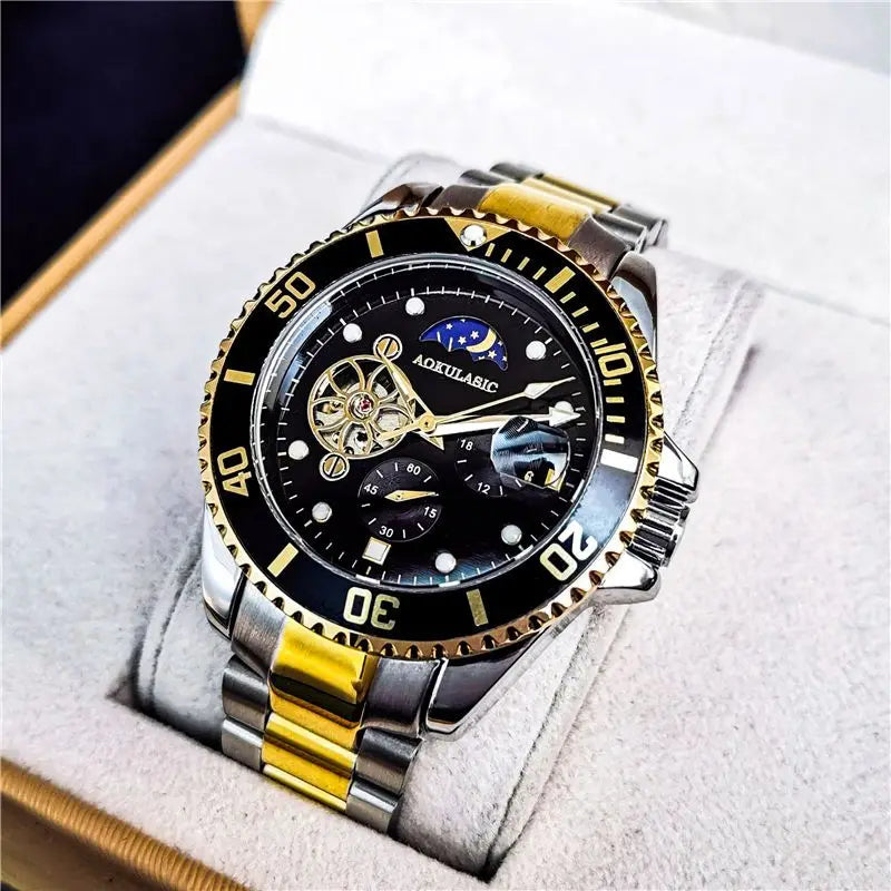 Excellence Moon Phase Skeleton Automatic Watch for Men Luminous Fashion Sports Tourbillon Mechanical Watches Stainless Steel Strap