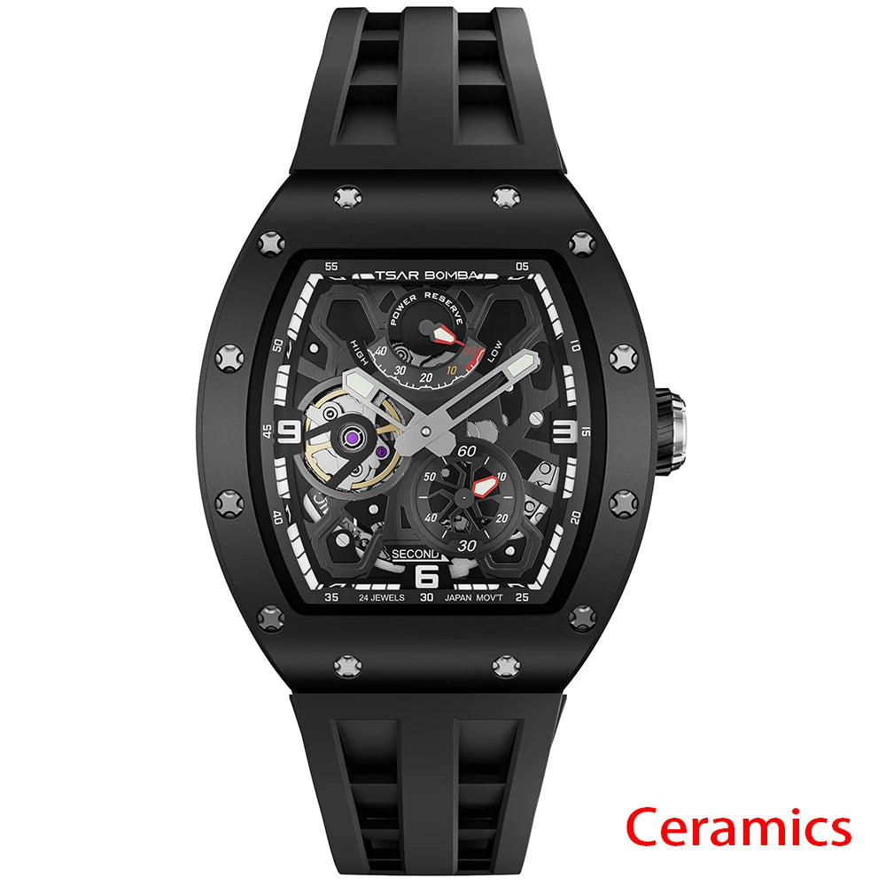 TSAR BOMBA Ceramics Automatic Mechanical Watch for Men Waterproof Luminous Skeleton Wristwatch Luxury Sapphire Clock