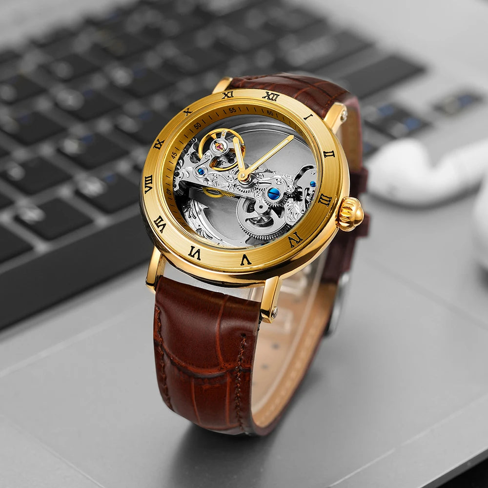 Excellence Gold Bridge Skeleton Automatic Watch for Men Luminous Hands Stainless Steel Leather Strap Luxury Mechanical Watches