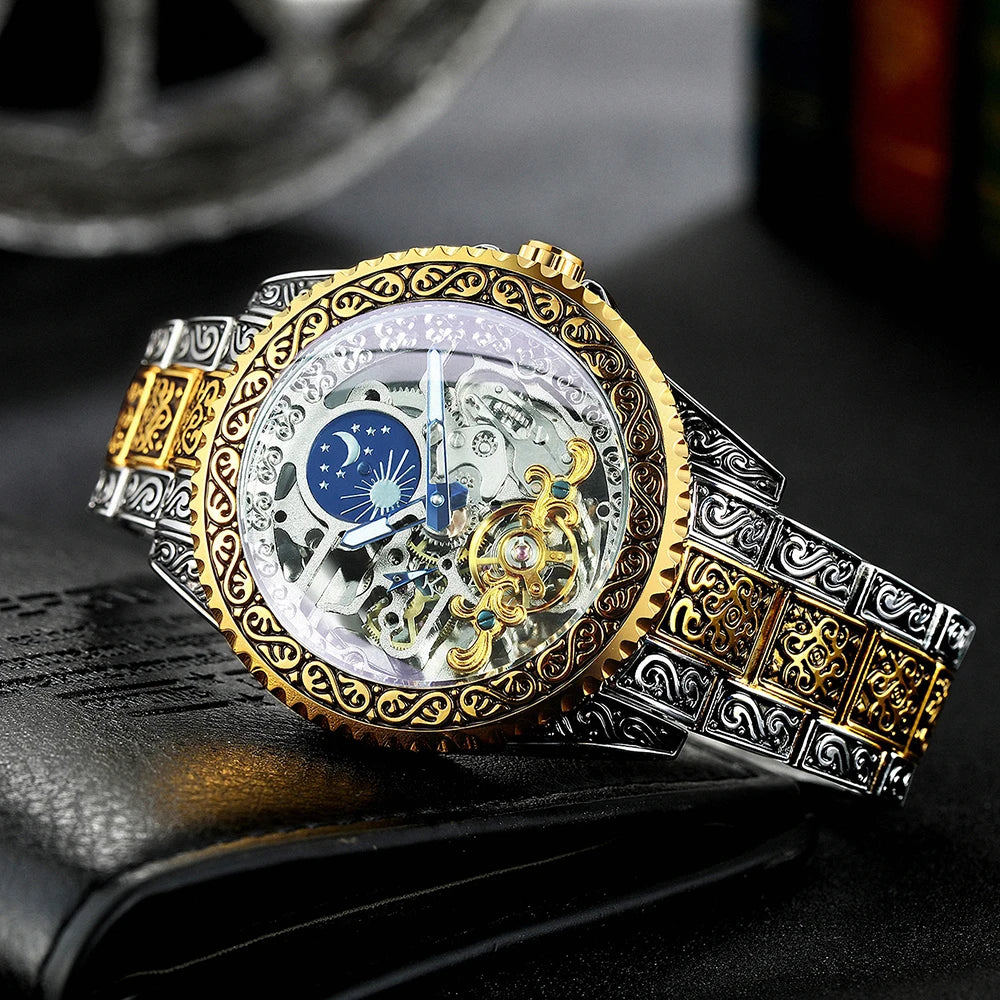 Excellence Luxury Gold Skeleton Mechanical Watches Moon Phase Retro Engraved Luminous Tourbillon Automatic Men's Watch Steel Strap