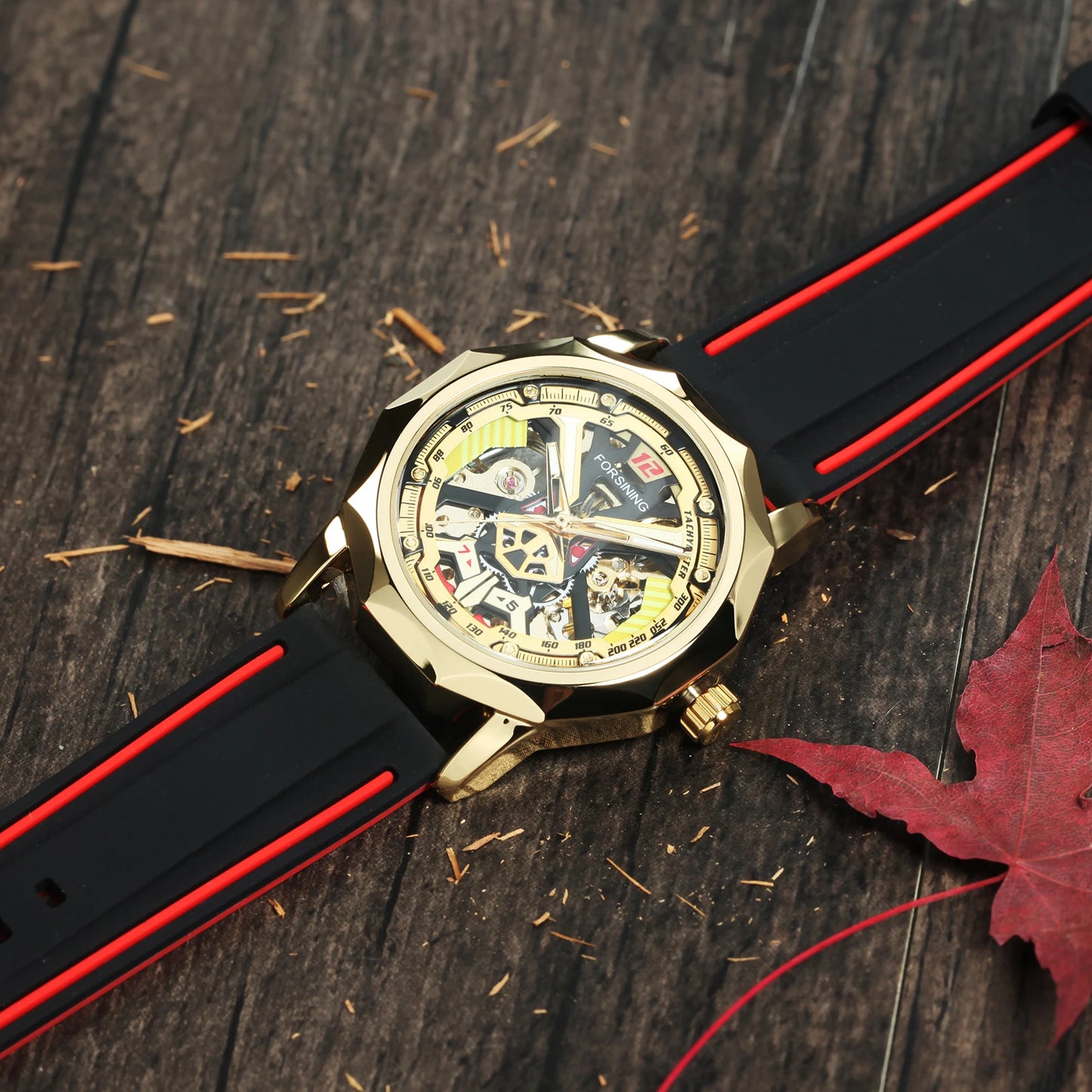 Excellence Fashion Gold Skeleton Mechanical Watches for Men Luminous Hands Casual Black Red Rubber Strap Irregular Sports Watch