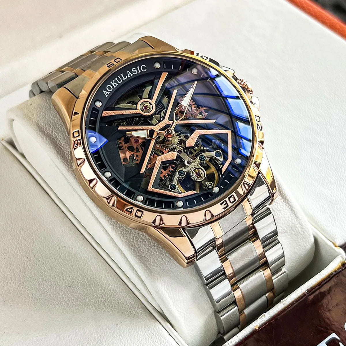 Excellence Fashion Tourbillon Skeleton Mechanical Watches Luminous Hands Rose Gold Automatic Watch for Men Steel Leather Strap