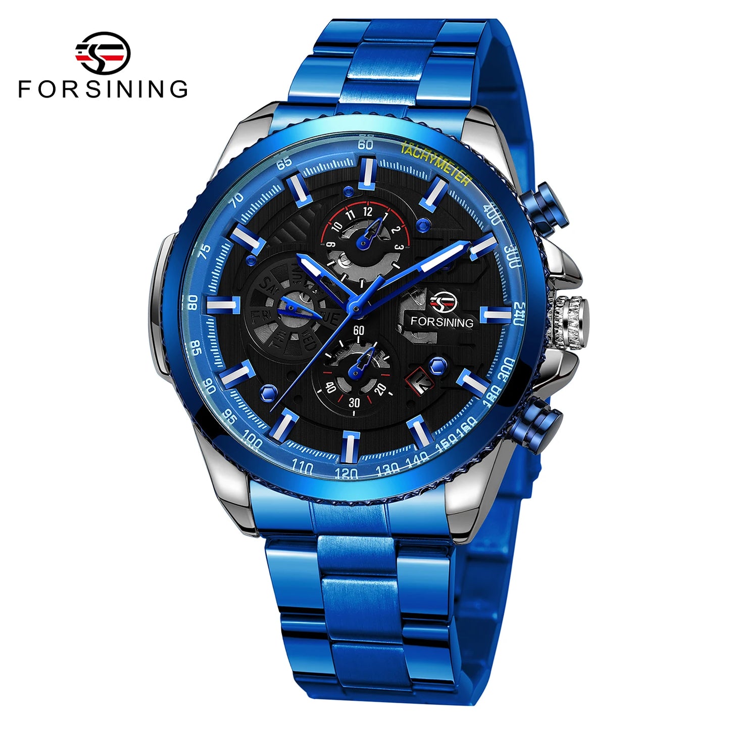 Excellence Sport Waterproof Luminous Blue Big Mechanical Watches Luxury Stainless Steel Men Watch Multifunctional Automatic Date Wristwatch