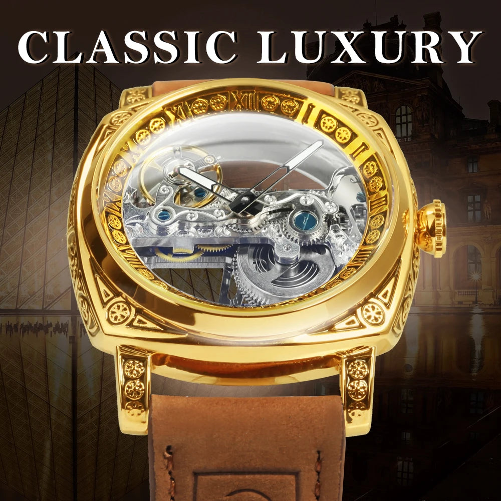 Excellence Square Luxury Skeleton Mechanical Watches Retro Engraved Case Golden Bridge Automatic Men's Watch Genuine Leather Strap