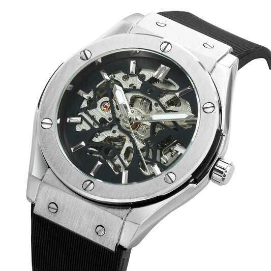 Excellence Sports Automatic Mechanical Watch for Men Fashion Rubber Strap Military Silver Skeleton Watches Luminous Hands