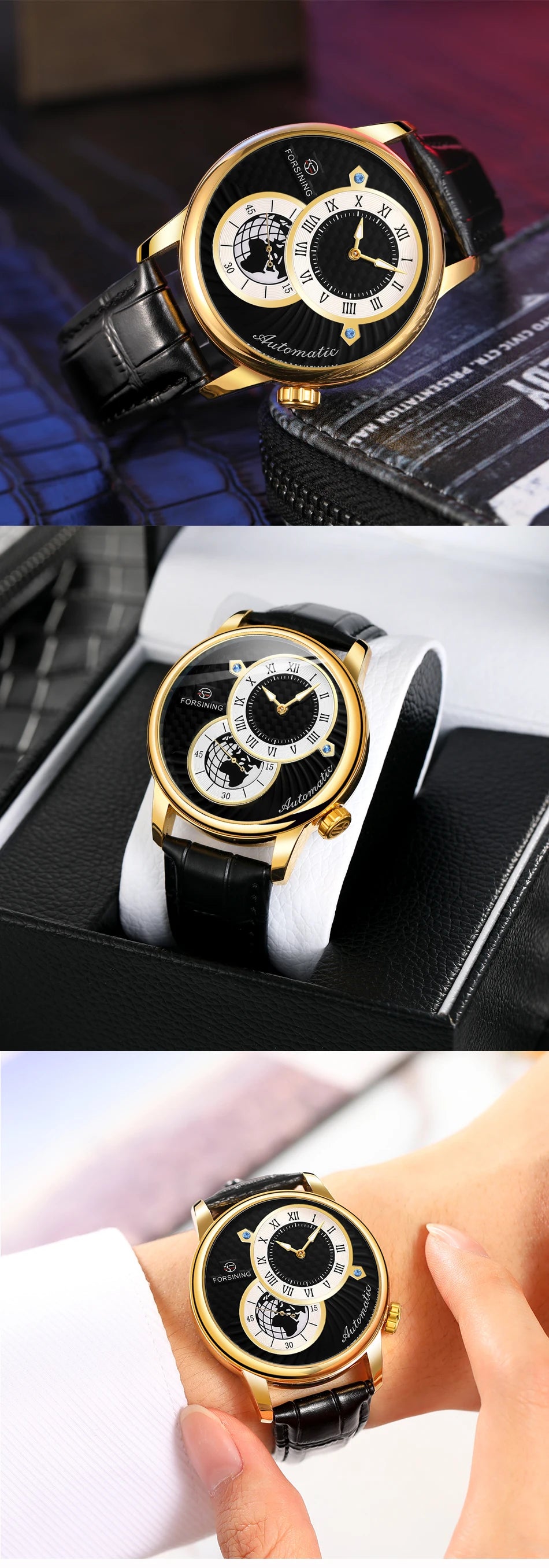 Excellence Earth Image Two Dial Automatic Self-Wind Mechanical Watch Fashion Men watch Waterproof Mesh strap