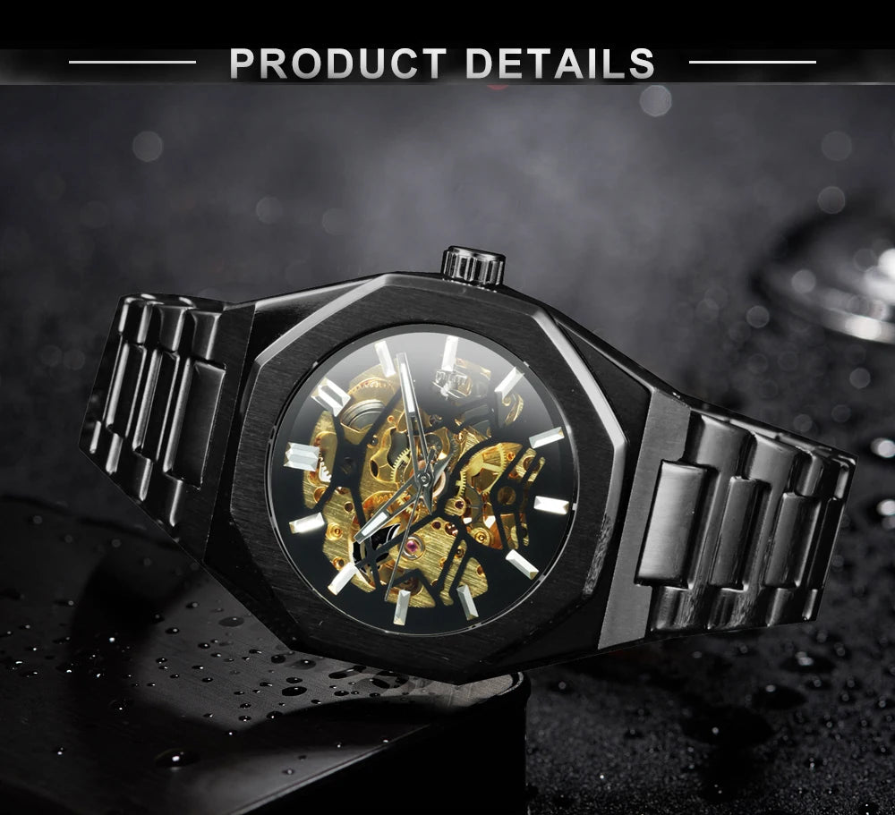 Excellence Black Gold Skeleton Watch for Men Luxury Irregular Business Automatic Mechanical Watches Stainless Steel Strap Luminous