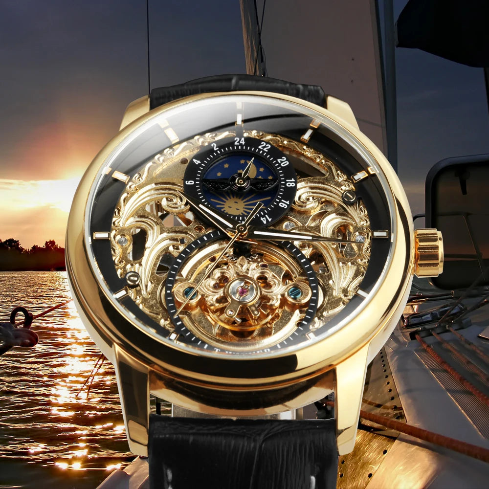 Excellence Moon Phase Watch for Men Luxury Tourbillon Skeleton Automatic Mechanical Watches Casual Genuine Leather Strap