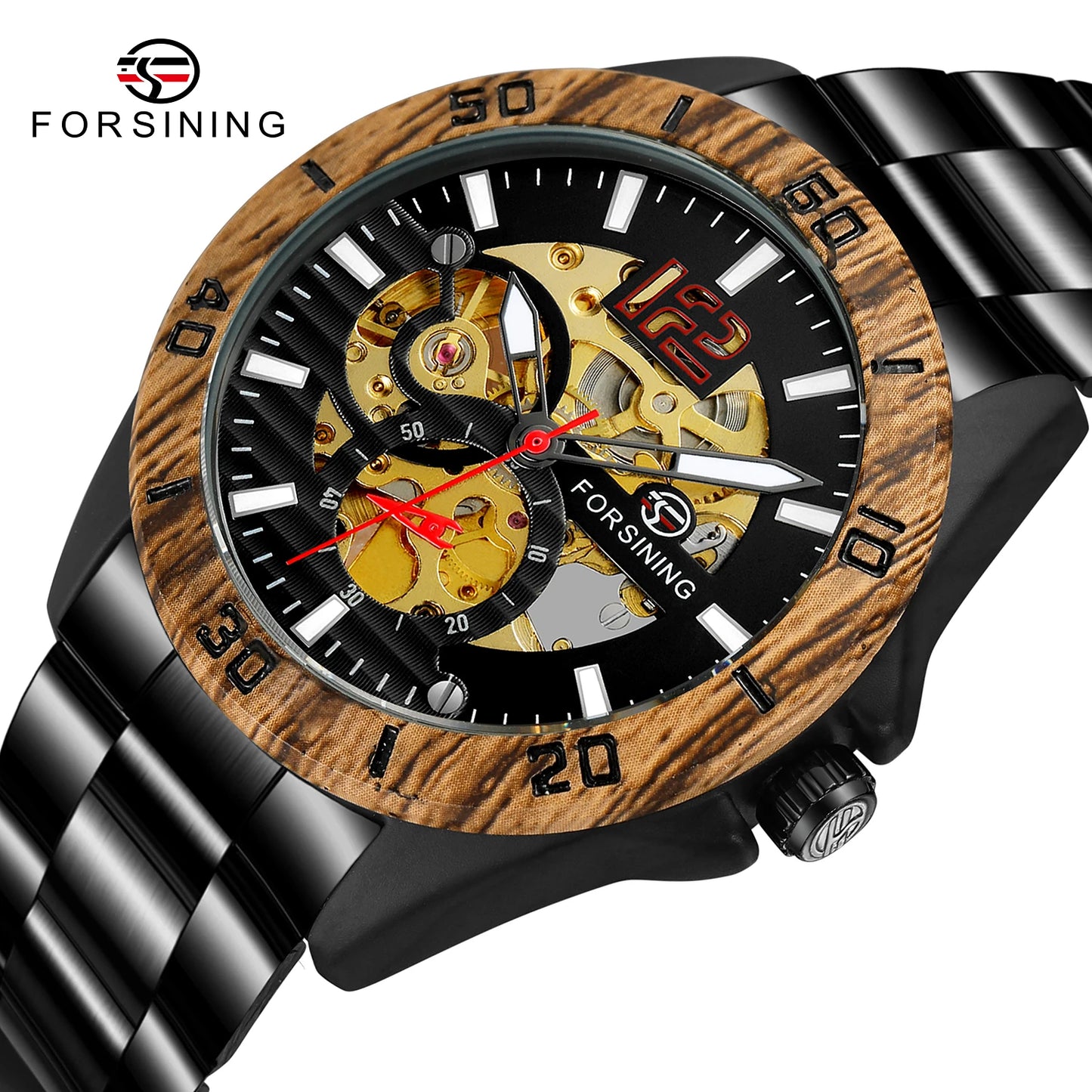 Excellence Luxury  Skeleton Wristwatches Imitation Wood Grain Stainless Steel Strip Automatic Watches for Men Transparent Watch