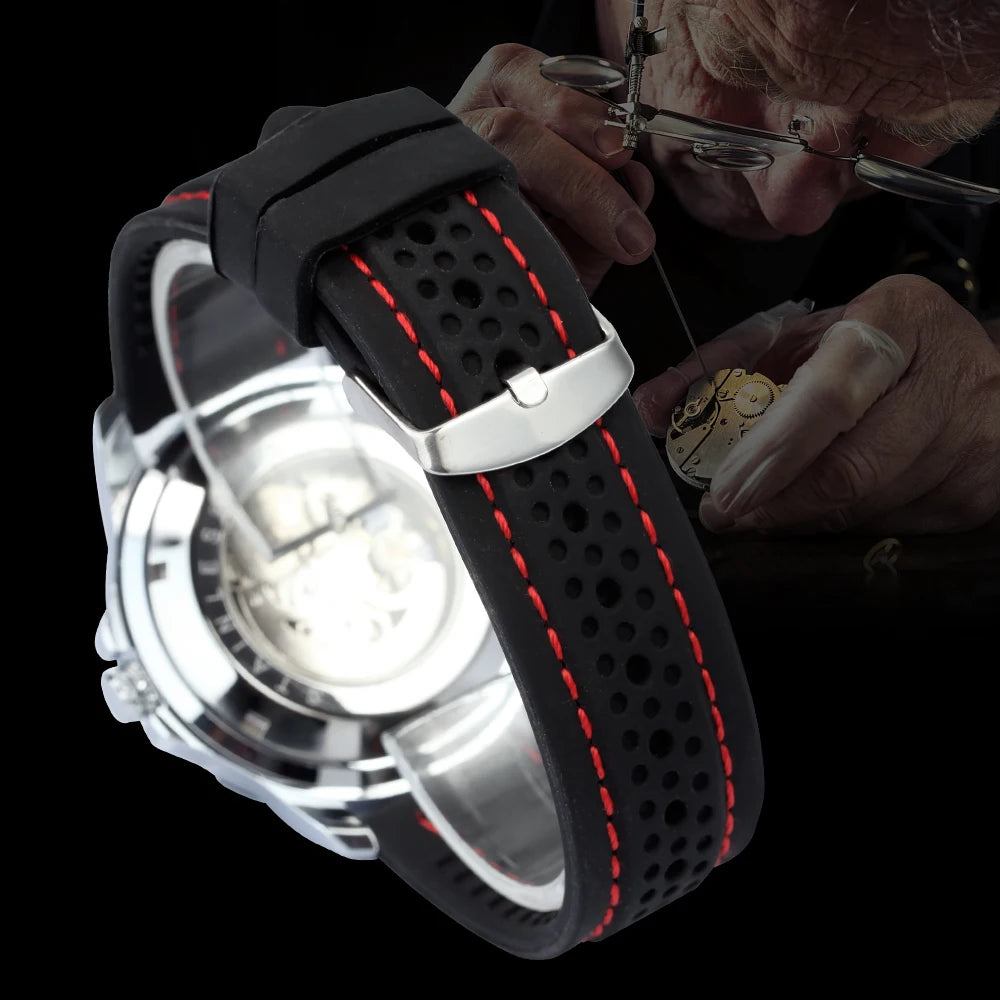 Excellence Sports Outdoor Mechanical Watch for Men Luminous Hands Black Skeleton Automatic Watches Luxury Brand Rubber Strap Clock