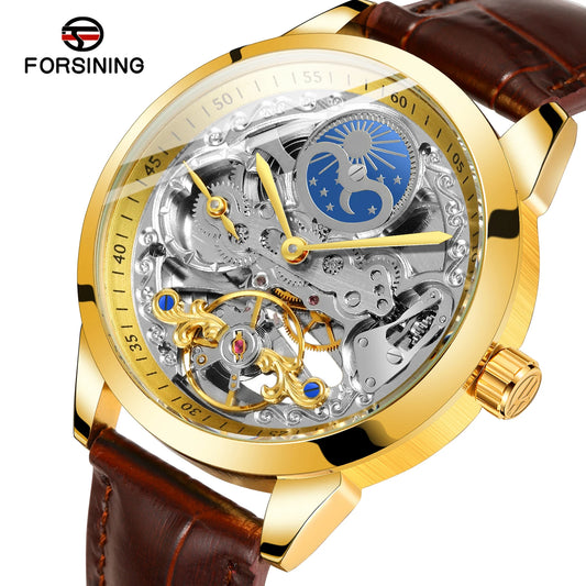 Excellence Moon Phase Skeleton Automatic Watch for Men Luxury Brand Tourbillon Gold Mechanical Watches Brown Leather Strap