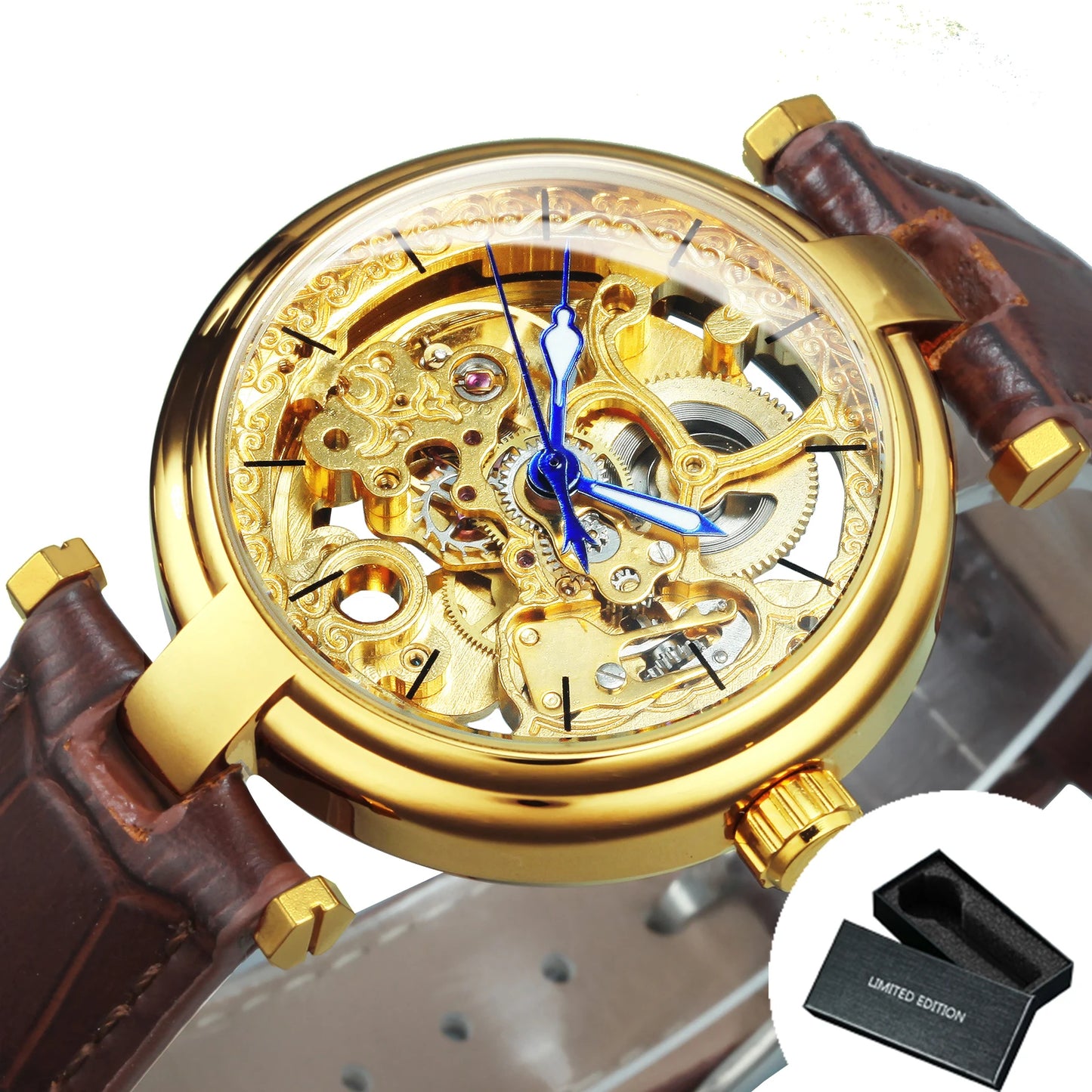 Excellence Fashion Luxury Skeleton Automatic Watch for Women Luminous Hands Elegant Gold Mechanical Ladies Watches Leather Strap