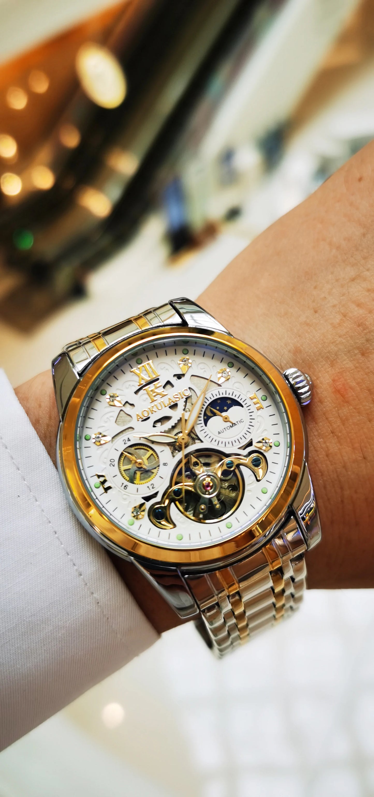 Excellence Luxury Mechanical Watches Moon Phase Fashion Diamond Luminous Hands Tourbillon Skeleton Automatic Men's Watch Steel Strap