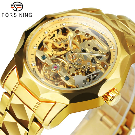 Excellence  Gold Tourbillon Skeleton Automatic Watch for Men Fashion Diamond Stainless Steel Strap Luxury Brand Mechanical Watch