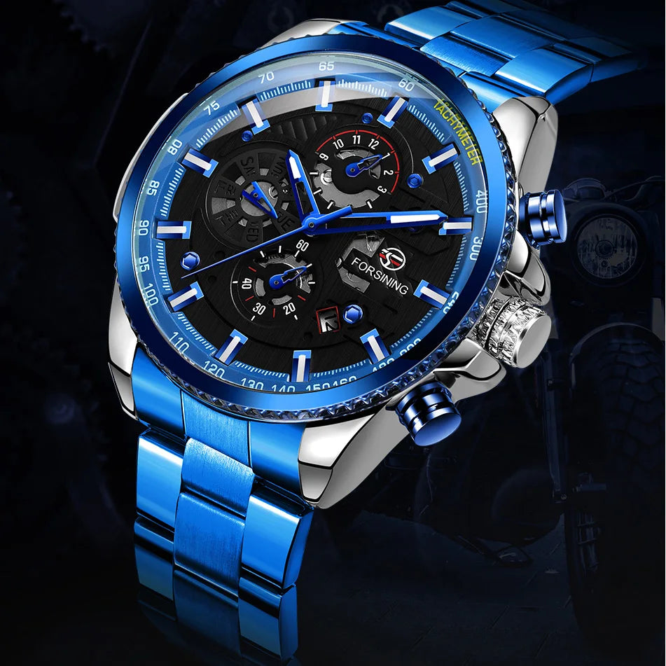 Excellence Sport Waterproof Luminous Blue Big Mechanical Watches Luxury Stainless Steel Men Watch Multifunctional Automatic Date Wristwatch