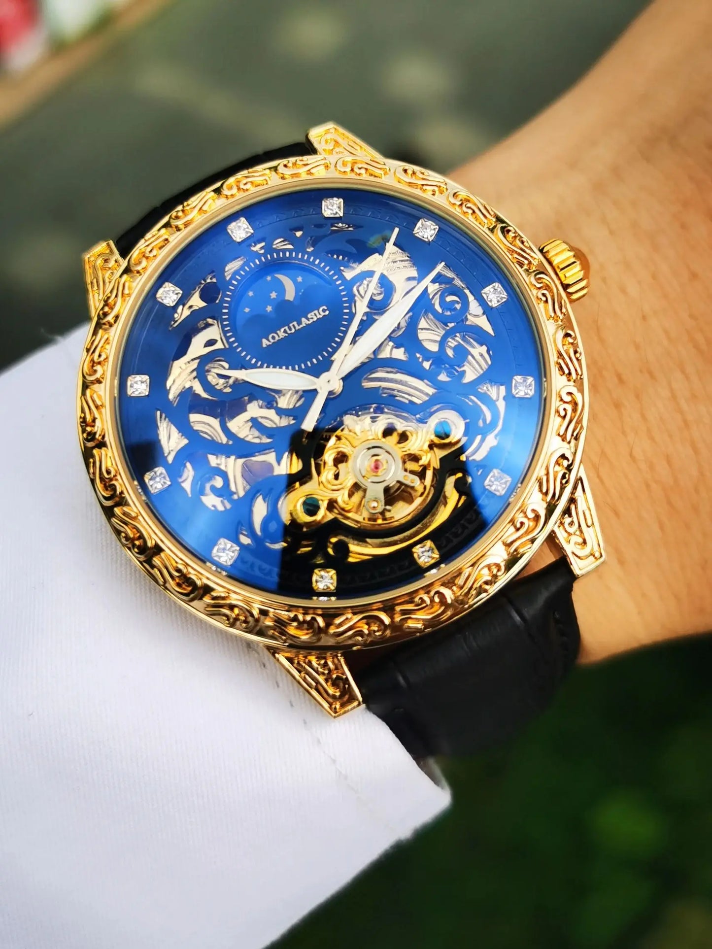 Excellence Skeleton Men's Watches Top Brand Luxury Engraved Case Moon Phase Automatic Mechanical Watch Leather Belt