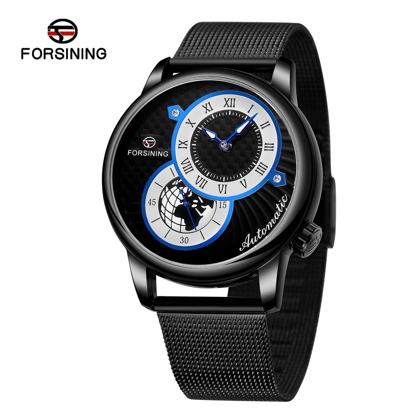 Excellence Earth Image Two Dial Automatic Self-Wind Mechanical Watch Fashion Men watch Waterproof Mesh strap