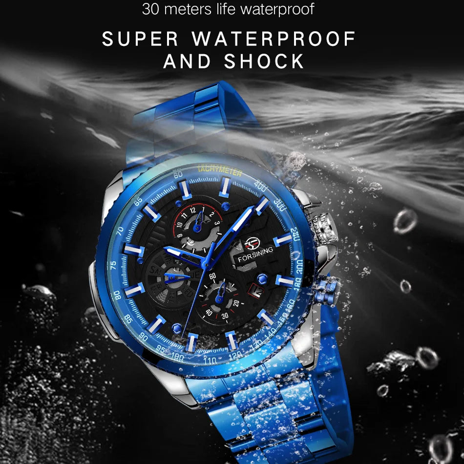 Excellence Sport Waterproof Luminous Blue Big Mechanical Watches Luxury Stainless Steel Men Watch Multifunctional Automatic Date Wristwatch