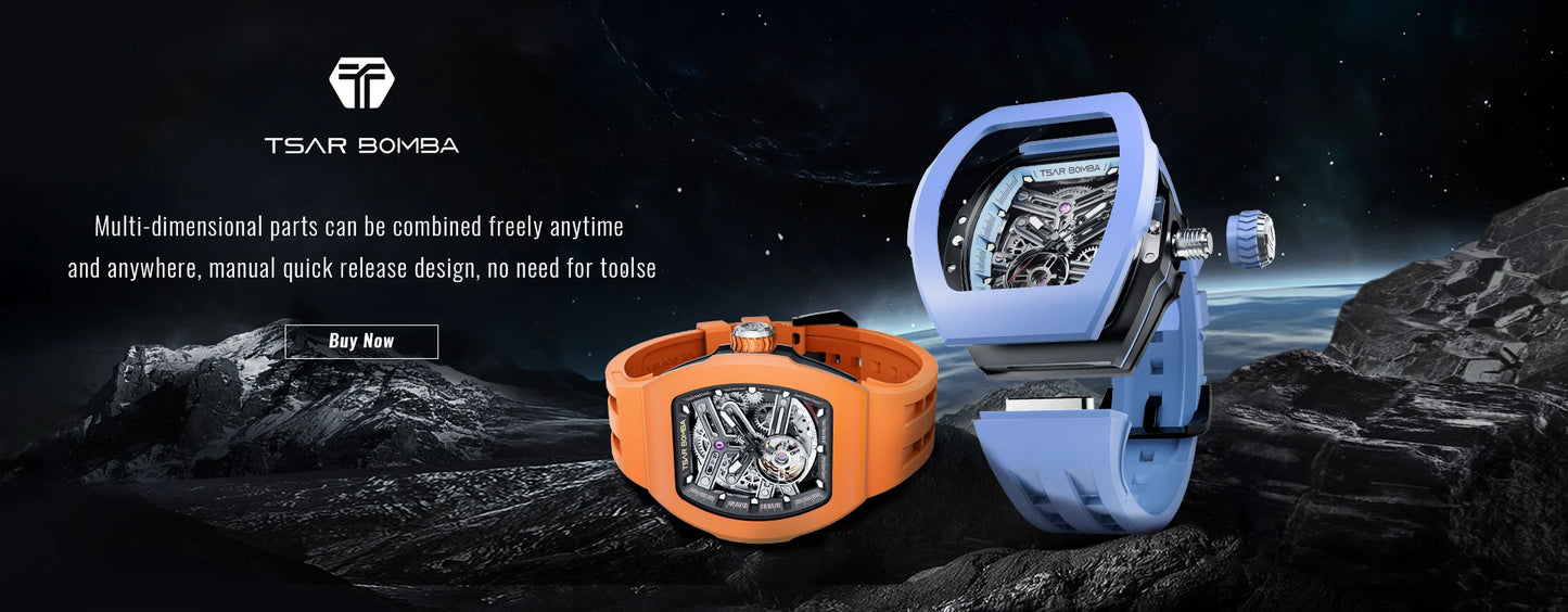 TSAR BOMBA Interchangeable Automatic Watch Set Mechanical Wristwatch for Men  Square Carbon fiber Watch