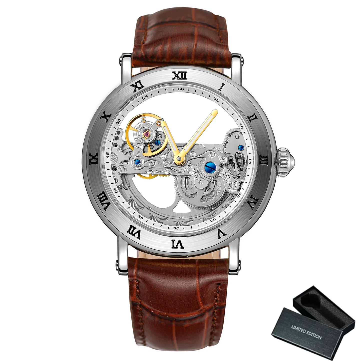 Excellence Gold Bridge Skeleton Automatic Watch for Men Luminous Hands Stainless Steel Leather Strap Luxury Mechanical Watches