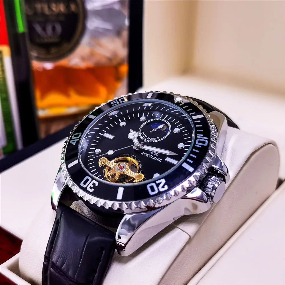 Excellence Classic Business Watch for Men Tourbillon Moon Phase Skeleton Automatic Mechanical Watches Rotating Bezel Leather Belt