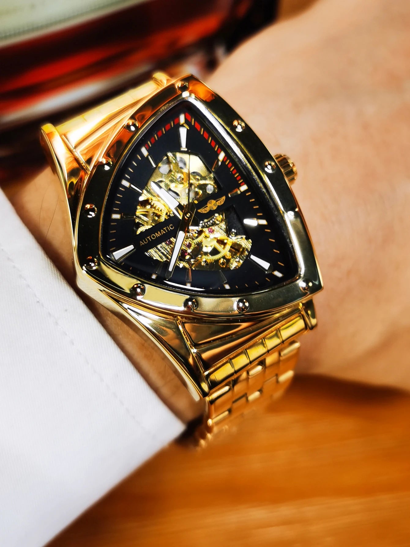 Excellence Military Triangle Skeleton Automatic Watch for Men Gold Sports Mechanical Watches Luxury Stainless Steel Strap Luminous