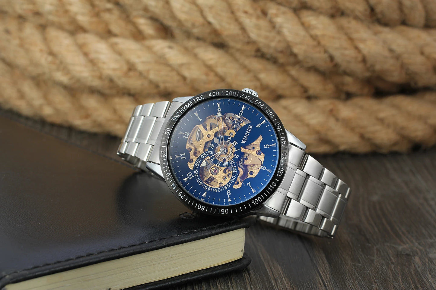 Excellence High End Luxury Blue Glass Stainless Steel Skeleton Mechanical Automatic Man Watches Fashion Classics Waterproof Male Watch