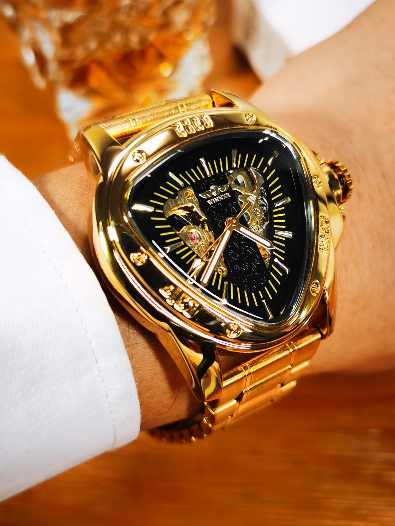 Excellence Military Triangle Skeleton Mechanical Watches for Men Luminous Hands Luxury Brand Leather Belt Sport Gold Automatic Watch