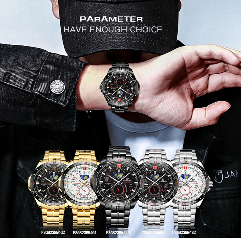 Excellence Two Dial Calendar Stainless Steel Men Mechanical Automatic Wrist Watches Top Brand Luxury Military Sport Male Watch