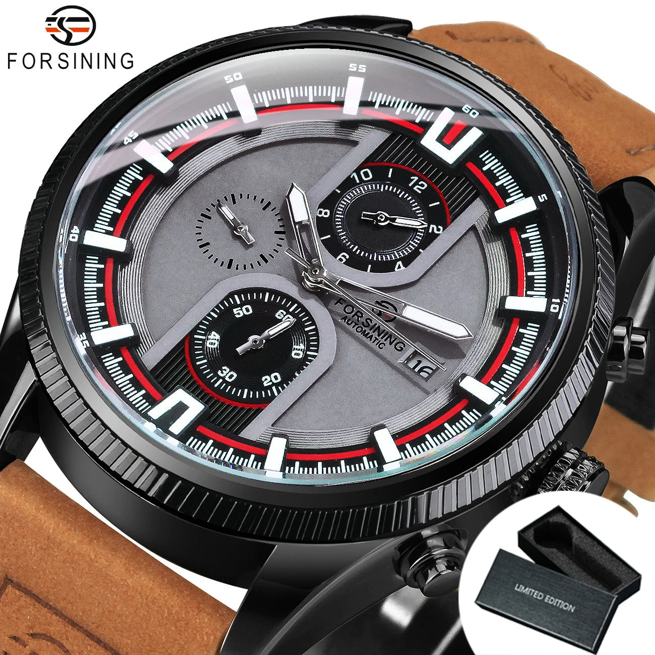 Excellence  Sports Men's Watches Top Brand Luxury Calendar Brown Leather Strap Luminous Hands Fashion Automatic Mechanical Watch