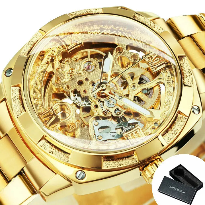 Excellence Square Skeleton Mechanical Watches Luxury Engraved Movement Retro Automatic Watch for Men Steel Strap Luminous Hands