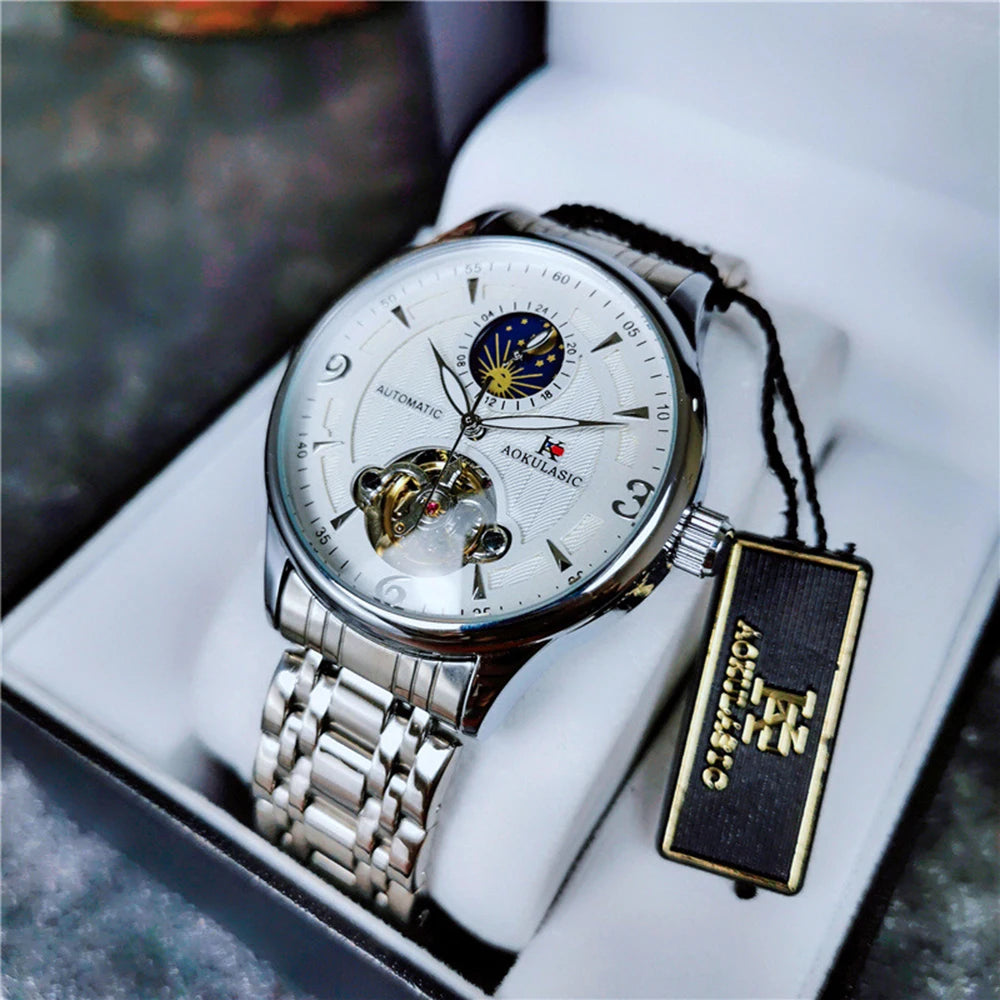 Excellence Moon Phase Men's Watches Top Brand Luxury Tourbillon Skeleton Automatic Mechanical Watch Stainless Steel Strap AOKULASIC