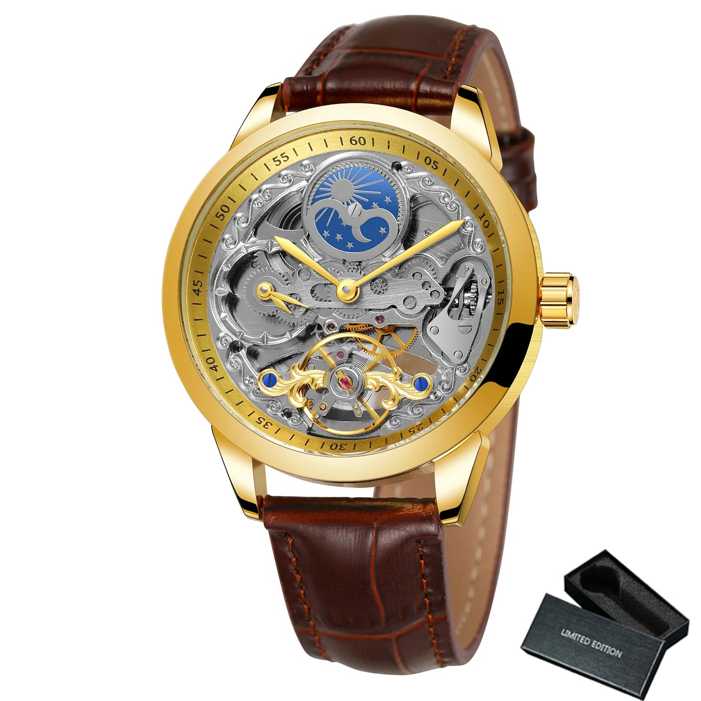 Excellence Moon Phase Skeleton Automatic Watch for Men Luxury Brand Tourbillon Gold Mechanical Watches Brown Leather Strap