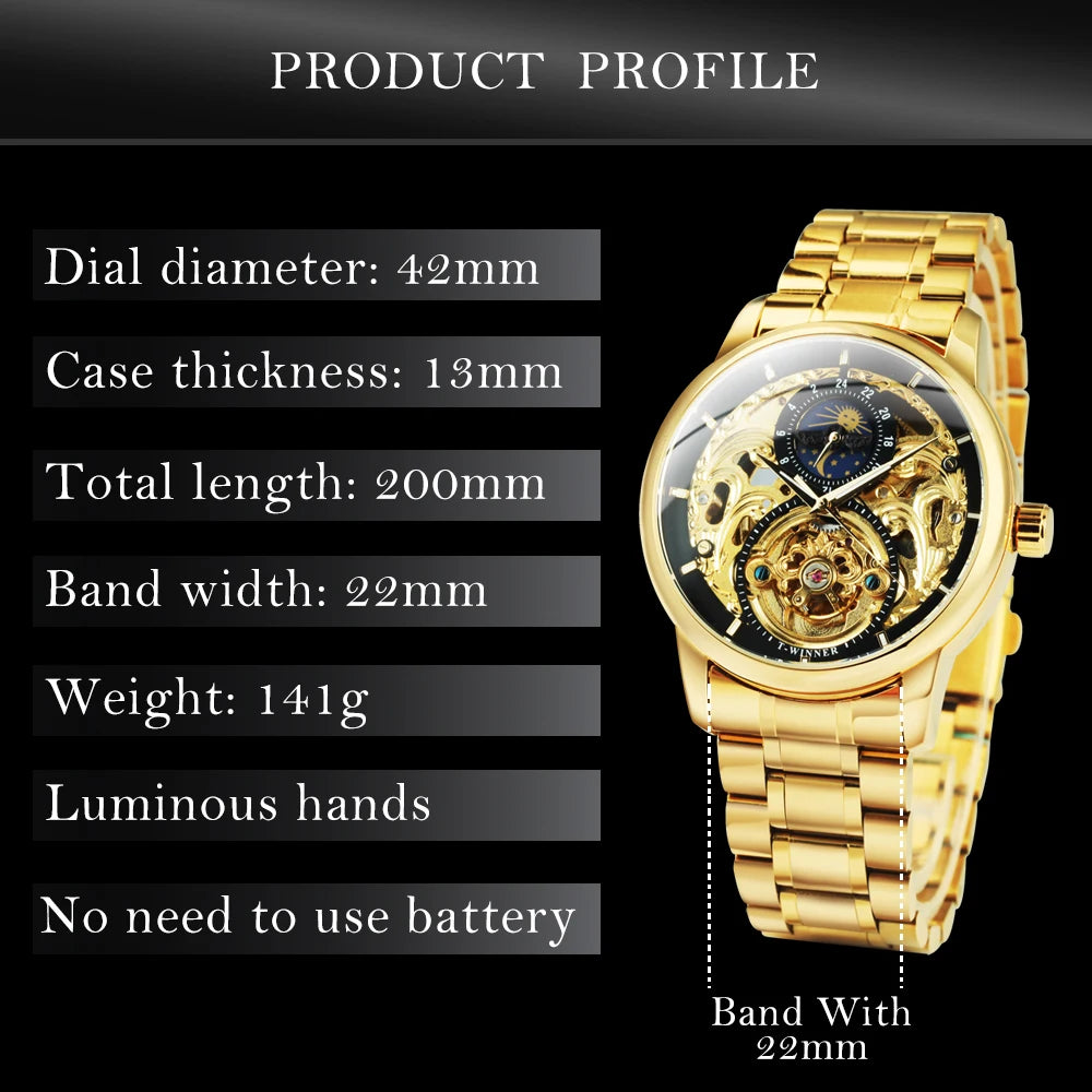 Excellence Moon Phase Watch for Men Luxury Tourbillon Skeleton Automatic Mechanical Watches Casual Genuine Leather Strap