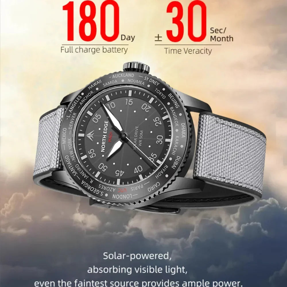 Excellence Pilot Watches for Men MACH 2024 New Design Solar Powered Watch Dual Time Zone Waterproof TPR Nylon Strap Pilot Men's Watch