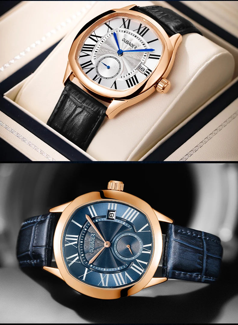 Excellence New Top Luxury Square Calendar Men's Watch Waterproof Fashion Business High Quality Leather.