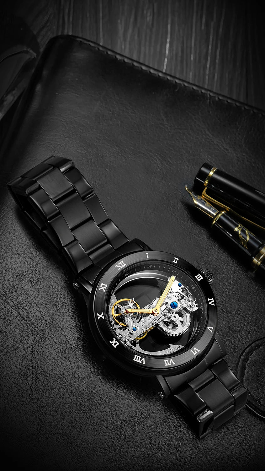 Excellence Original Luxury Stainless Steel Skeleton Tourbillon Automatic Watch Men Mechanical Waterproof Luminous Elegant Wrist Watch