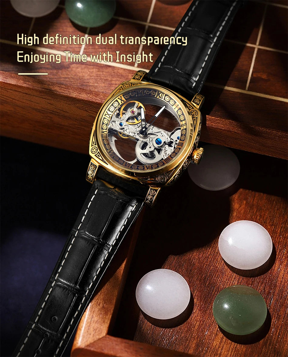 Excellence Luxury Real Leather Belt Skeleton Automatic Men Watch Golden Bridge Dial Carved Movement Mechanical Waterproof Watches