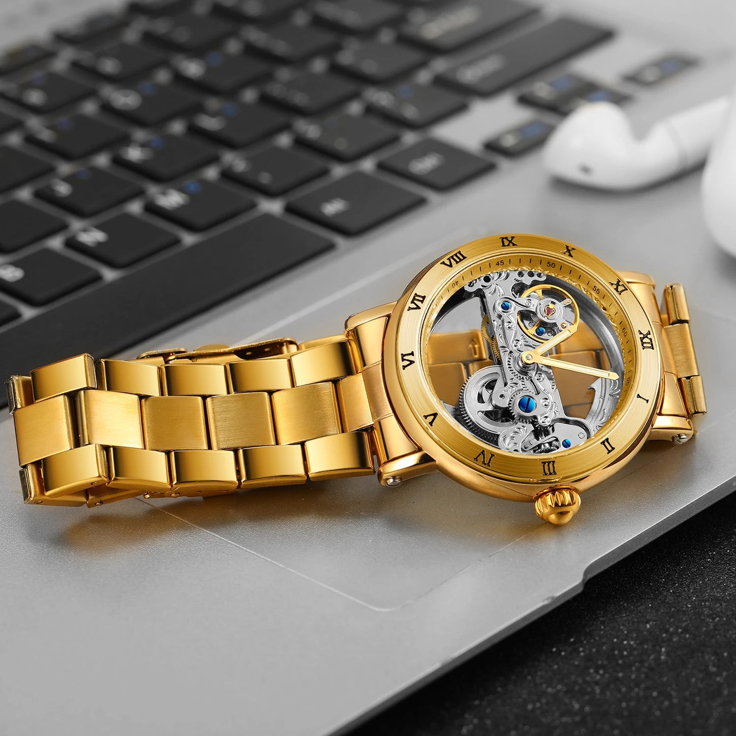 Excellence Gold Bridge Skeleton Automatic Watch for Men Luminous Hands Stainless Steel Leather Strap Luxury Mechanical Watches