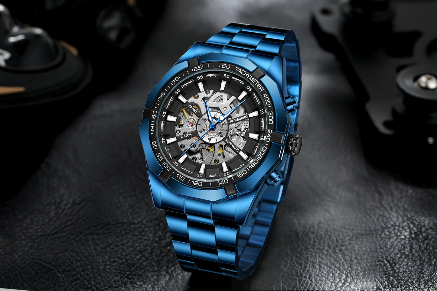 Excellence  New Stainless Steel Waterproof Men Transparent Skeleton Blue Watches Luxury Tourbillion Mechanical Sport reloj hombre