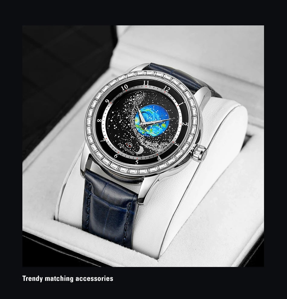 Excellence Design Earth Star Moon Set With Diamonds Genuine Belt Men Mechanical Automatic Watch Waterproof For Business