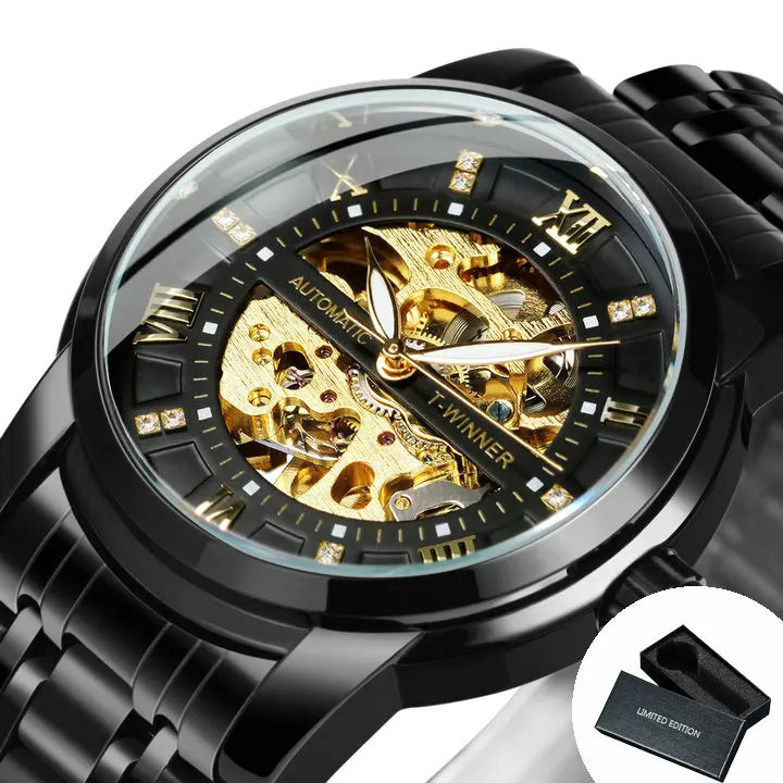 Excellence Gold Black Mechanical Watches Classic Retro Iced Out Skeleton Automatic Watch for Men Stainless Steel Band Luminous Hands