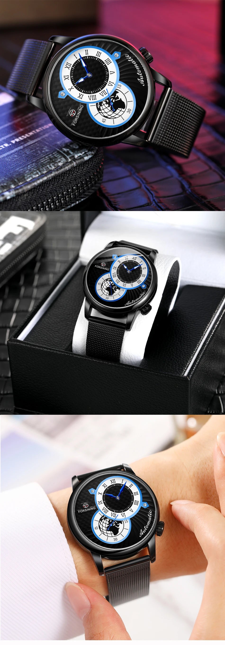 Excellence Earth Image Two Dial Automatic Self-Wind Mechanical Watch Fashion Men watch Waterproof Mesh strap