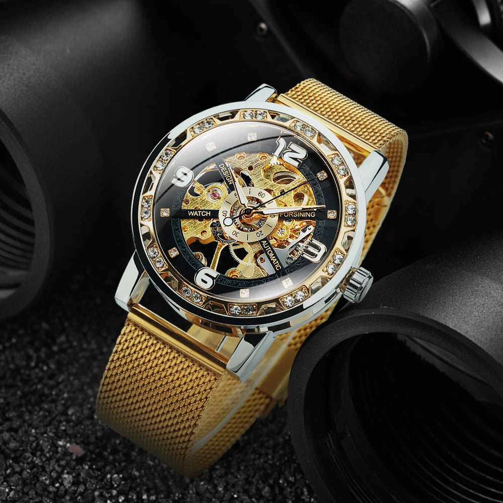 Forsining Vintage Luxury Mechanical Watches Classic Iced Out Gold Skeleton Watch for Men Luminous Hands Stainless Steel Strap