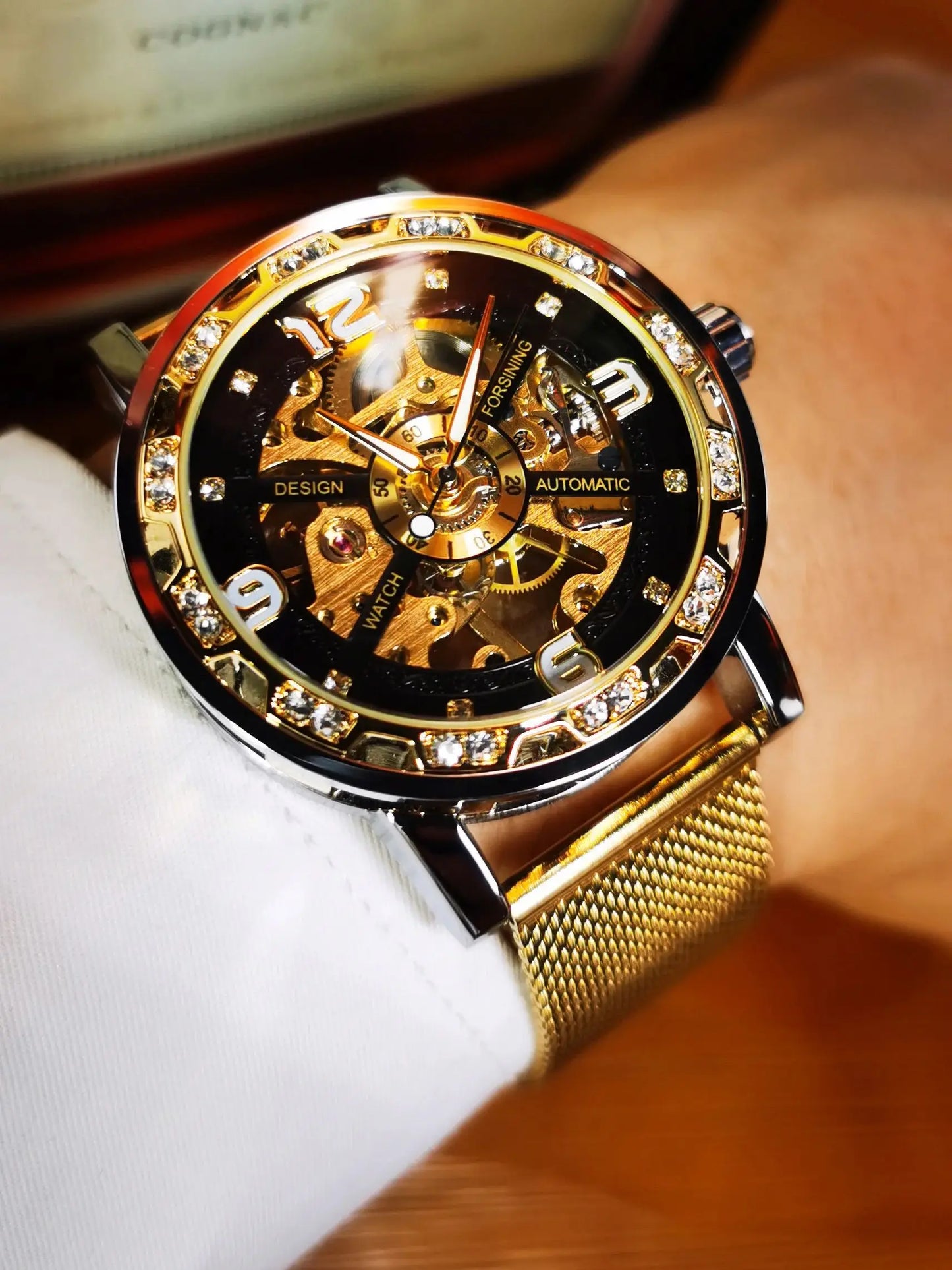 Forsining Vintage Luxury Mechanical Watches Classic Iced Out Gold Skeleton Watch for Men Luminous Hands Stainless Steel Strap