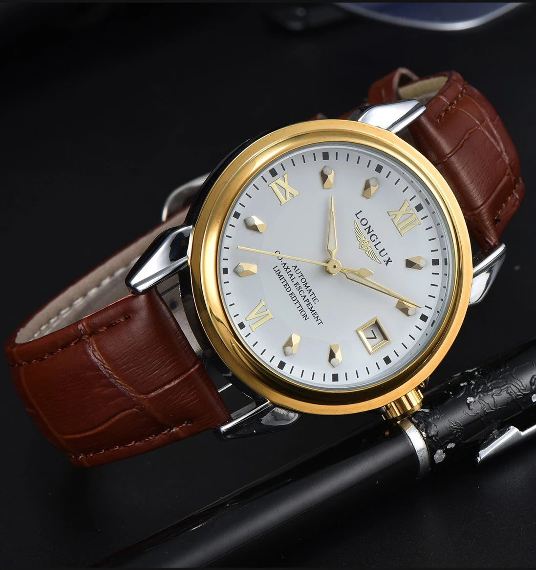 Excellence automatic watch business leisure dating wholesale mechanical wristwatches waterproof leather date men's watch.