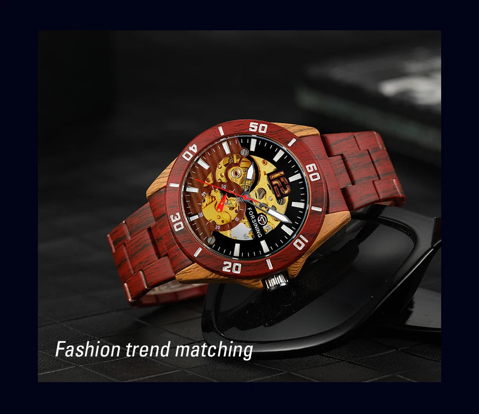 Excellence Luxury  Skeleton Wristwatches Imitation Wood Grain Stainless Steel Strip Automatic Watches for Men Transparent Watch