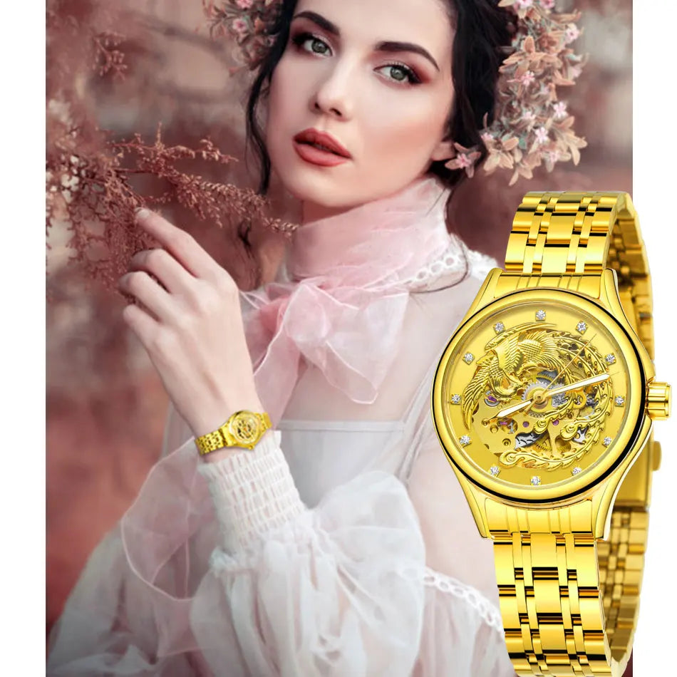 Excellence Skeleton Dial Golden Phoenix Women Fashion Automatic Watch Luxury Waterproof Mechanical Girl Wrist Lady Watch